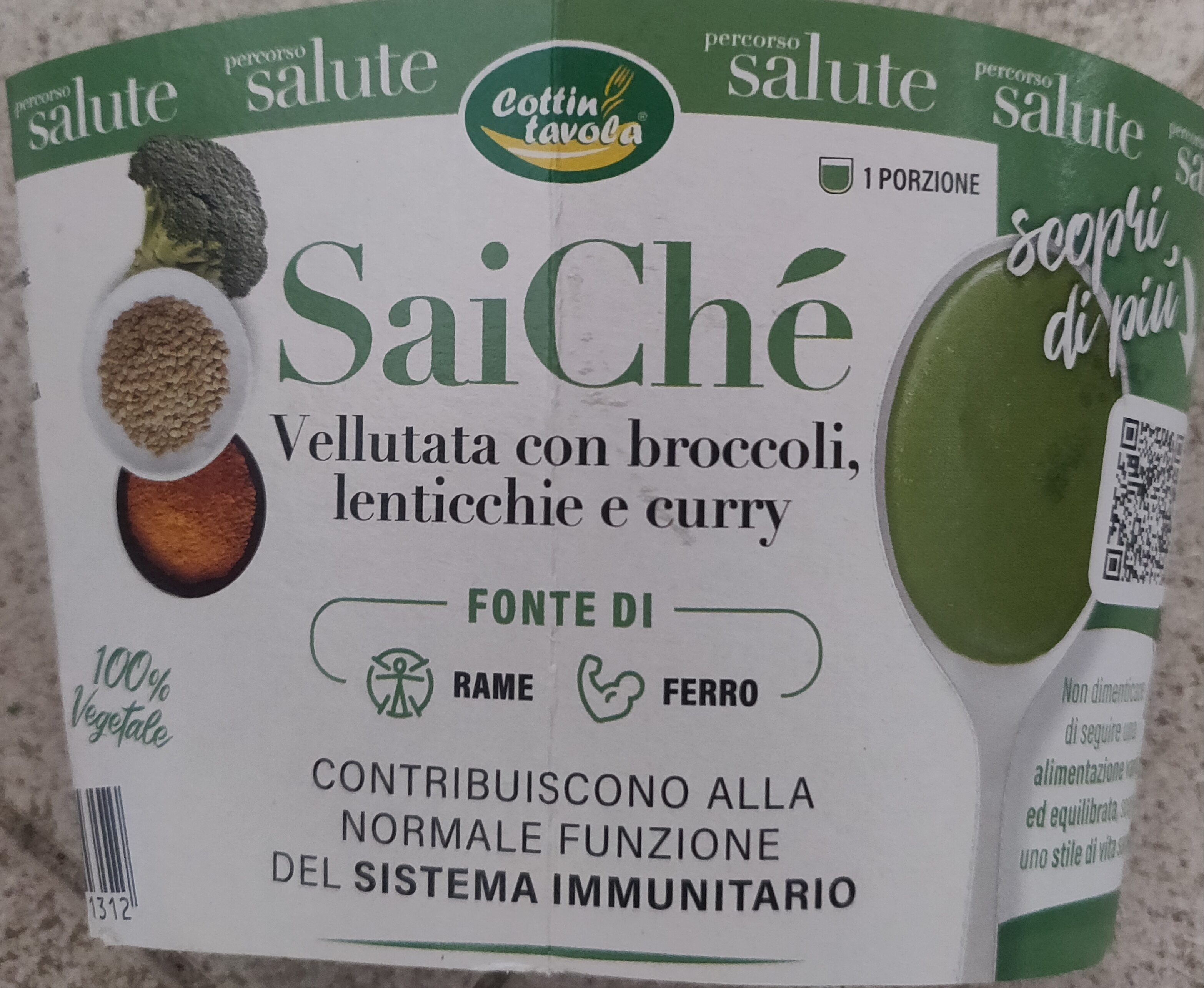 Confezione di SaiChé vellutata con broccoli, lenticchie e curry